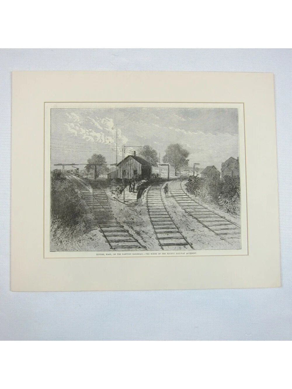 Antique 1871 Wood Engraved Print Revere Massachusetts Railroad Train Wreck Scene